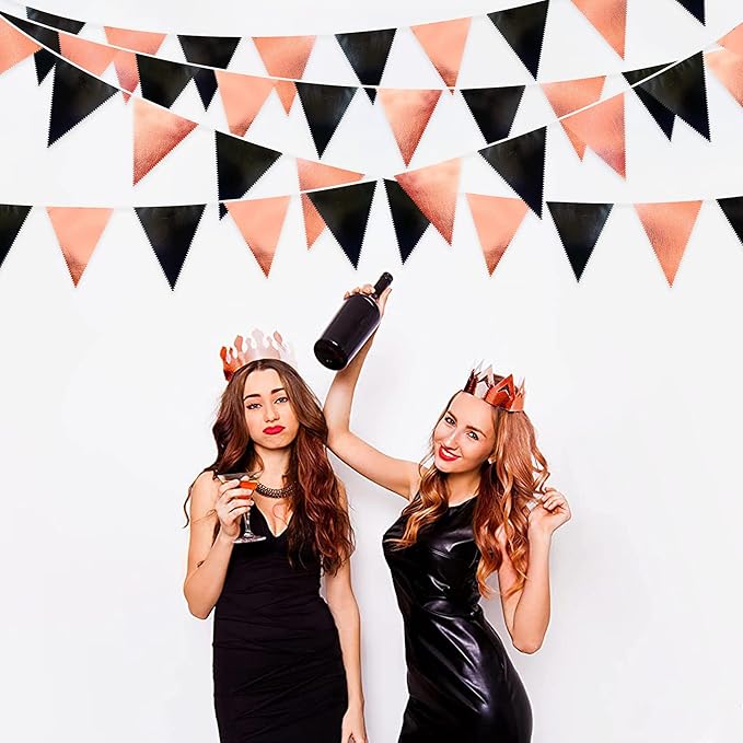 Black Rose Gold Party Decorations Triangle Pennant Banner Flag Rose Gold Black Metallic Fabric Bunting Garland for Graduation Birthday Wedding Engagement Bachelorette Celebration Hen Party Supplies