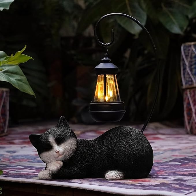 Garden Statue Solar Cat Figurine with Solar Lantern, 13" Tall Cat Statue Resin Kitten Yard Art, Cat Statues Outdoor Statue Decoration for Whimsical Lawn, Porch, Balcony, Housewarming Gifts for Mom
