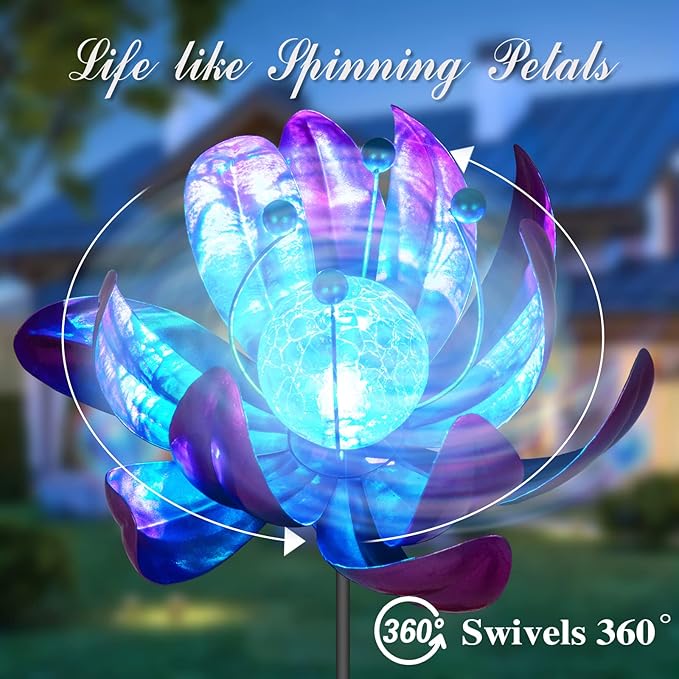 Solar Purple Metal Flower Wind Spinners, Colorful Spinning Windmill Lotus Yard Art Lights Wind Pinwheels with LED Crystal Ball Decorative Stake Lighting Flower Sculpture