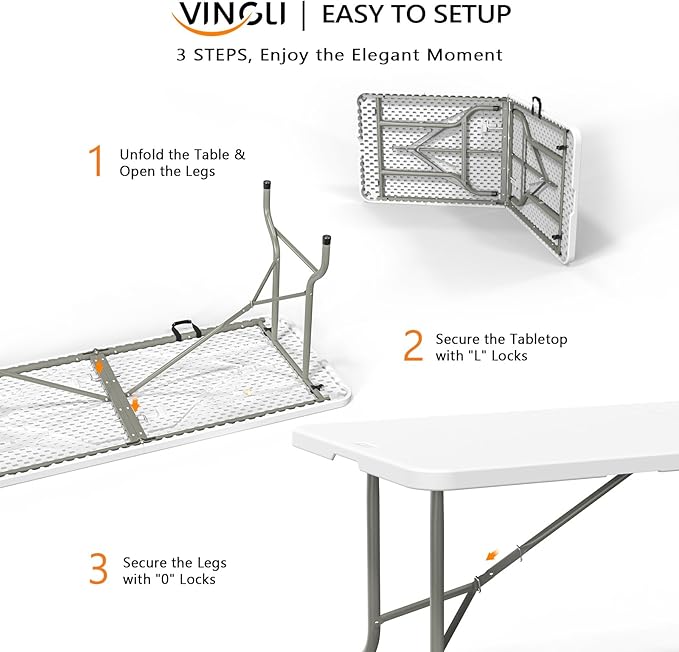 VINGLI 8 Foot Plastic Folding Table Portable Long Table for Indoor Outdoor Use Rectangular with Carrying Handle，White
