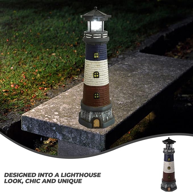 Solar Light Tower Lighthouse Night Light Solar Rotating Lighthouse Outdoor Lighthouse Ornaments Outdoor Solar Lantern Garden Decor Street Light Resin to Rotate