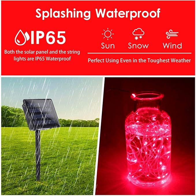 Solar String Lights Outdoor, 2-Pack Total 80FT 200 LED Solar Christmas Twinkle Lights Outside Waterproof Copper Wire 8 Modes Solar Fairy Lights for Garden Tree Party Birthday Christmas Decor (Red)