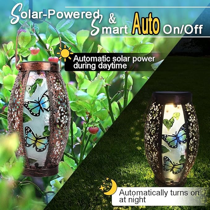 Butterfly Solar Lanterns Glass & Metal Hanging Lantern Outdoor Waterproof 16" H Tabletop Light with Hollowed-Out Design for Garden Patio Table Decor Mother's Day Gift