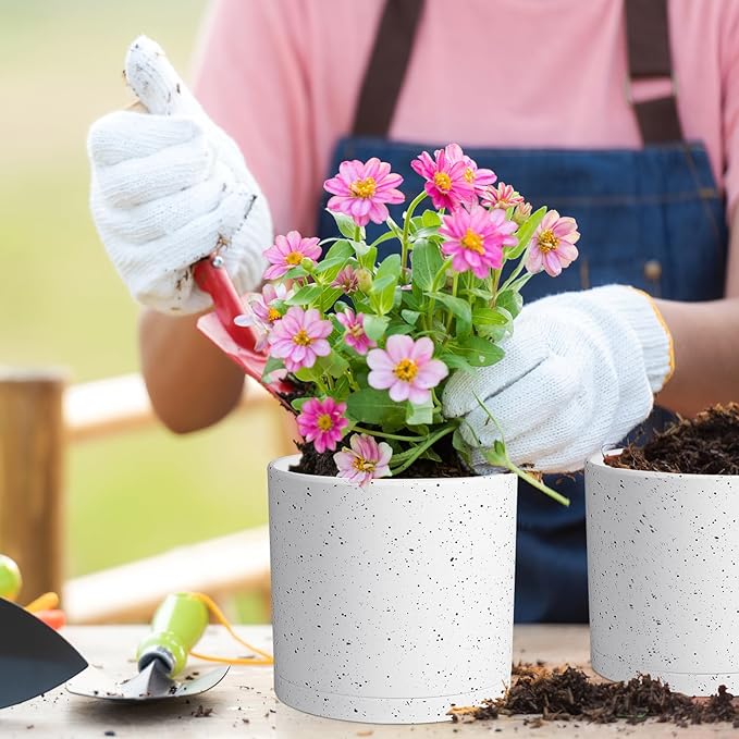 8/7/6 inch Flower Pots, 3 Set Cylindrical Plant Pots for Outdoor Indoor Plants, Decorative Plastic Planters with Drainage Holes and Saucers for Garden House Plants, White with Black Speckles