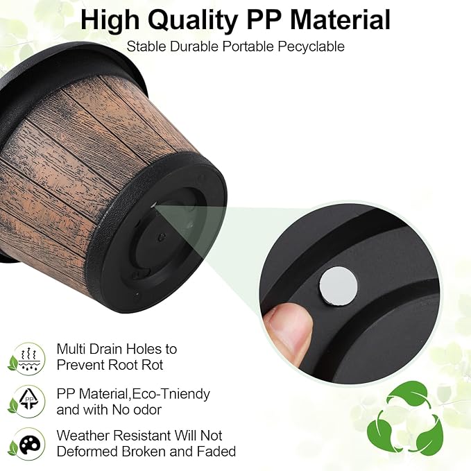 Quarut Large Plastic Plant Pots Set of 4 Pack13 inch,Whiskey Barrel Planters with Drainage Holes & Saucer.Flower Pots Imitation Wine Barrel Design for Indoor & Outdoor Garden Balcony Plants (Brown)