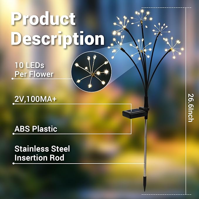Solar Garden Decor Lights Outdoor, Solar Powered Lights Waterproof for Yard Patio Porch Flowerbed, Fairy Gardening Supplies Gifts Firwork(8 Pack Warm White)