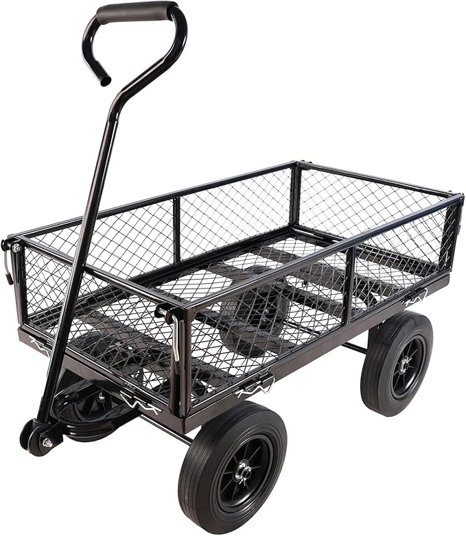 Heavy Duty 480 Lbs Capacity Mesh Steel Garden Cart Folding Utility Wagon with Removable Sides (Black)