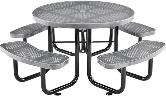 Global Industrial 46" Round Picnic Table, Perforated Metal, Thermoplastic Coating, Attached Benches, 1-1/2” Umbrella Pole Hole, Outdoor-Rated, 1000 lbs Capacity, Gray