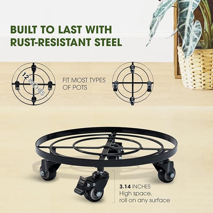 IDZO Upgraded Large Plant Pots Planter Caddies Round Square Metal Plant Caddy for Large Garden Pots, 12 Inch, Black