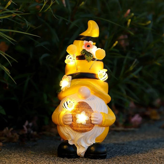 Garden Figurines Gnome Statue Decorations - Solar Resin Spring Bee Gnome Figurine Solar Garden Lights Outdoor Decorations Waterproof for Patio,Yard,Lawn,