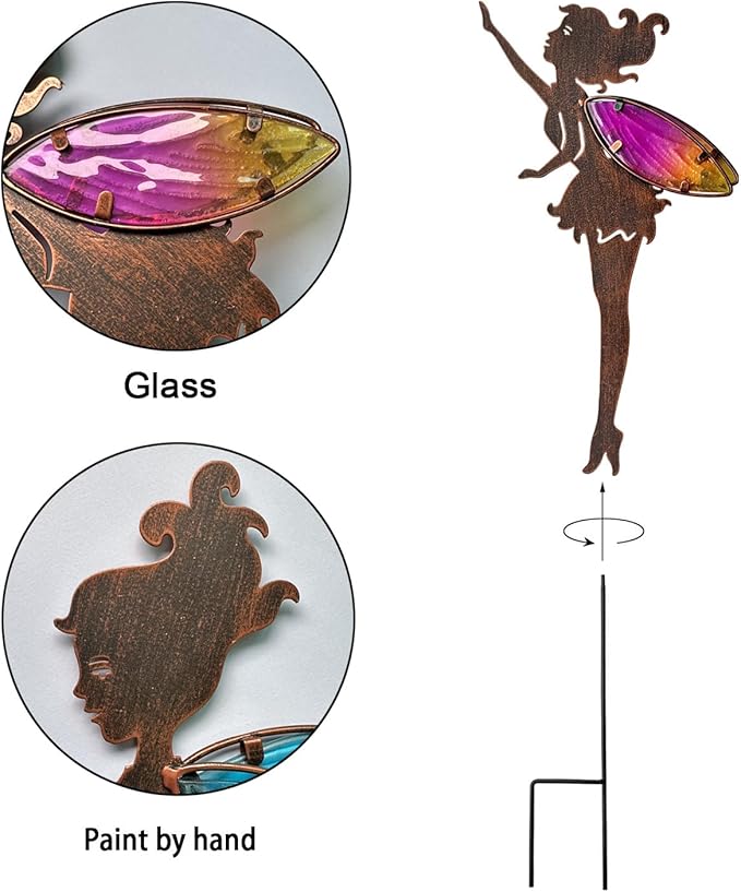 Metal Fairy Garden Stakes Decor,Charming Fairy with Colorful Wing Metal Stakes,Yard Art,Garden Outdoor Lawn Pathway Patio Ornaments,Outdoor Decor,Garden Decor