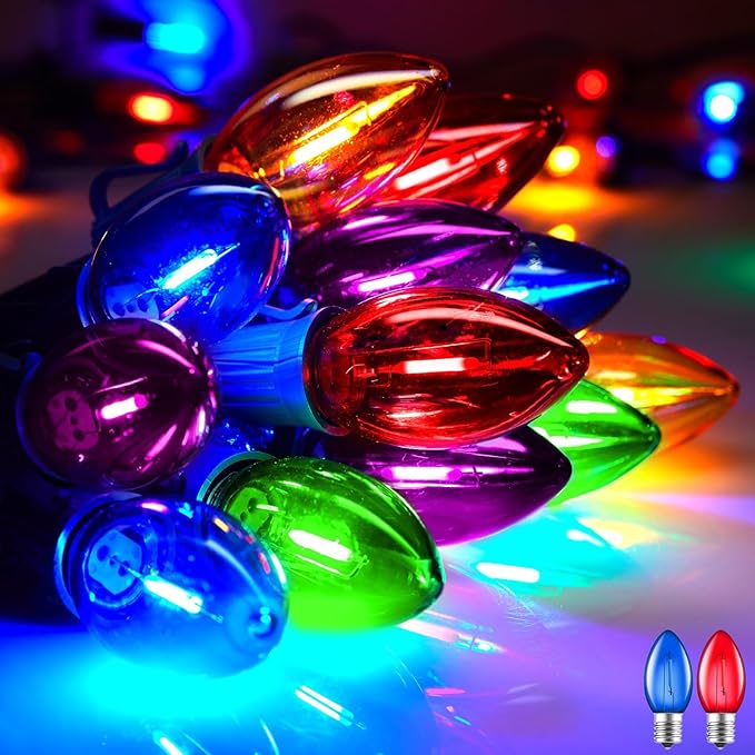 Multicolor C7 LED Christmas String Lights, 25FT C7 Vintage Christmas Lights, Commercial Connectable Christmas Tree Lights for Xmas Holiday Roofline Garden Wedding Decor
