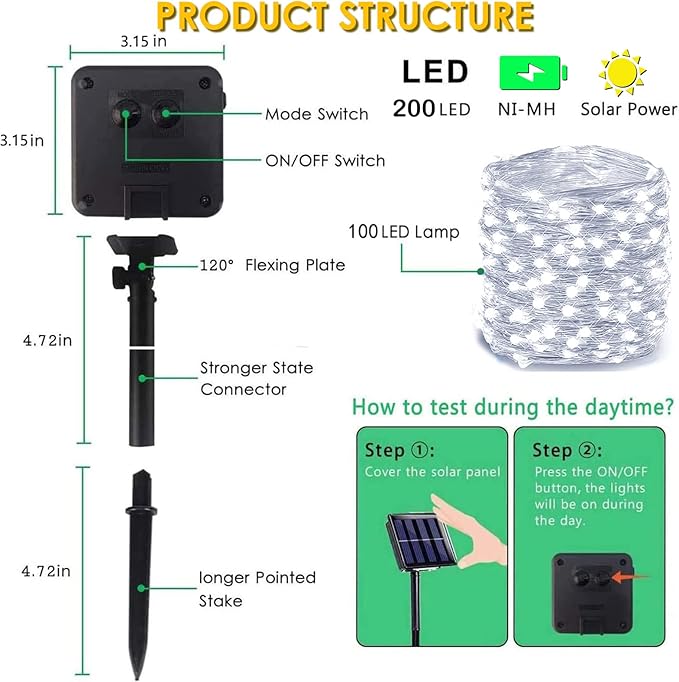 Solar String Lights Outdoor, 2-Pack Each 72FT 200 LED Solar Christmas Twinkle Lights Outside Waterproof Copper Wire with 8 Modes Solar Fairy Lights for Garden Tree Birthday Christmas Decor(Cool White)