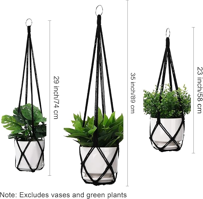 YIBOT 3 Pack Macrame Plant Hanger Indoor Hanging Planters for Indoor Outdoor Hanging Plant Holder with 3 x S Hooks for Garden Home Boho Decor 35"/29"/23" Black