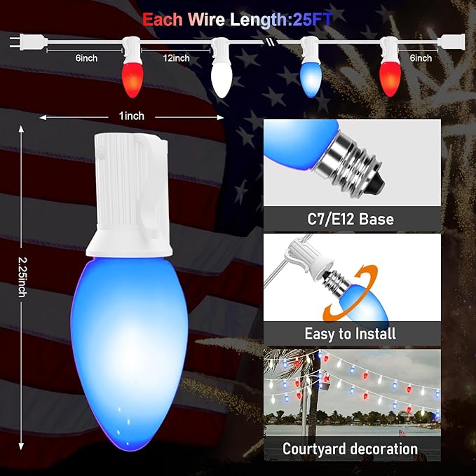 4th of July Decorations Lights, 25Ft C7 Outdoor Red White and Blue String Lights with 27 Shatterproof LED Bulbs, Hanging Patriotic Decorations Light for Indoor Independence Day Patio Garden Backyard