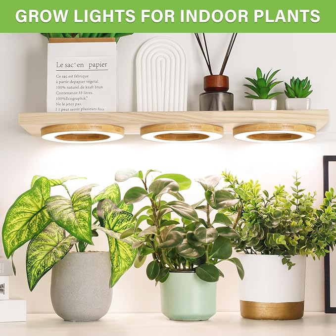 LORDEM 6.3" Bamboo Ceiling Grow Lamp for Indoor Plants, 216 LEDs Full Spectrum Halo Plant Light, Under Cabinet Grow Lights with 4/8/12H Auto Timer Switch Modes, 4 Dimmable Brightness Levels, Tri Head