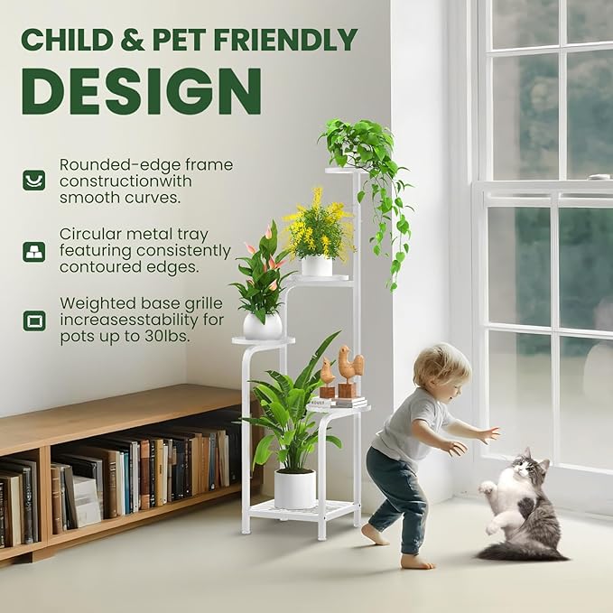 TOSKING 5 Tier Tall Plant Stand Indoor Outdoor, Heavy Duty Corner Shelf for Plants & Decor, Space Saving 3.9FT Metal Flower Pot Stand for Balcony, Garden, Living Room, Patio (White, 47in)