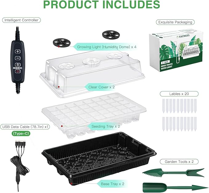 YAUNGEL Seed Starter Tray with Grow Light, Seed Starter Kit with Timing Controller Adjustable Brightness, 80 Cells Seed Trays for Indoor Planting with Humidity Domes Heightened Lids 2 Pack, Black