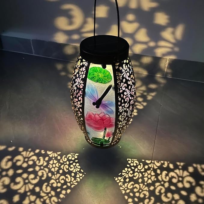 2PCS Dragonfly Solar Lanterns Glass & Metal Hanging Light Outdoor Waterproof 16" H Tabletop Lamp with Hollowed-Out Design with Shepherd's Hooks for Garden Patio Table Decor