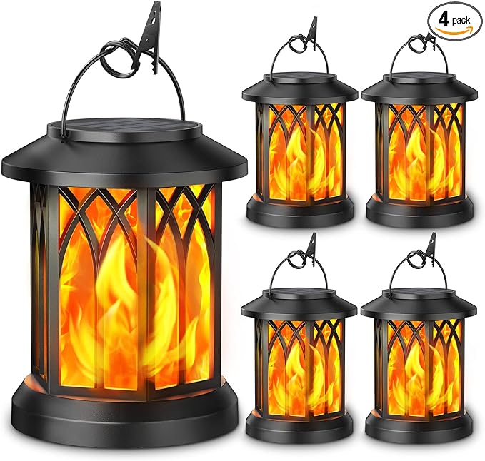 KOOPER 4 Pack Solar Lantern Outdoor Lights, Upgraded Flickering Flame Solar Lanterns Lights Outdoor Waterproof, Hanging Outdoor Solar Lanterns Lights, Solar Powered Lanterns for Yard Garden Decor