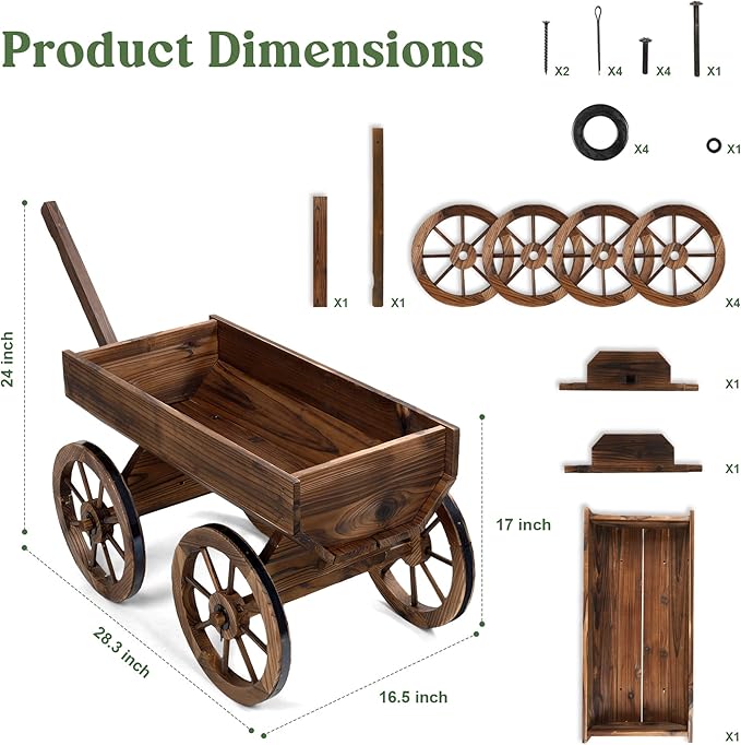 Wood Wagon Planter for Outdoor Balcony Decor - Garden Rustic Wooden Flower Cart with Wheels for Outside Garden Decor Wheelbarrow Planter for Patio
