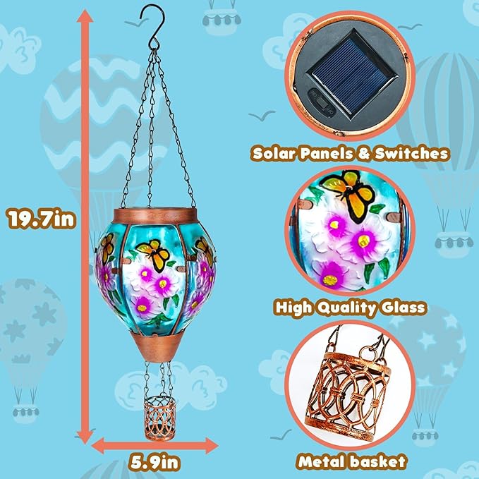 Solar Hot Air Balloon Lantern with Flame， Butterfly Glass Outdoor Solar Lanterns for Outside Hanging Farmhouse Patio Pathway Decor, Butterfly Gifts for Women Grandma Mom