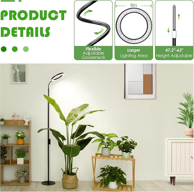 LBW Grow Lights for Indoor Plants with Stand Full Spectrum, Floor Plant Lights for Indoor Growing, 108 LEDs Standing Plant Lamp, 4/8/12H Auto Timer, 6 Brightness, Height Adjustable,7.8 Diameter