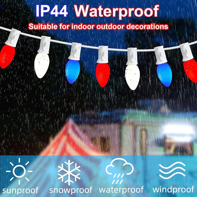 45.6 FT 4th of July Decorations Lights Outdoor, C7 LED Red White and Blue Lights String with 46 Bulbs(6 Spare), Patriotic Decor Light for Memorial Day Independence Day Patio Garden Backyard Bistro