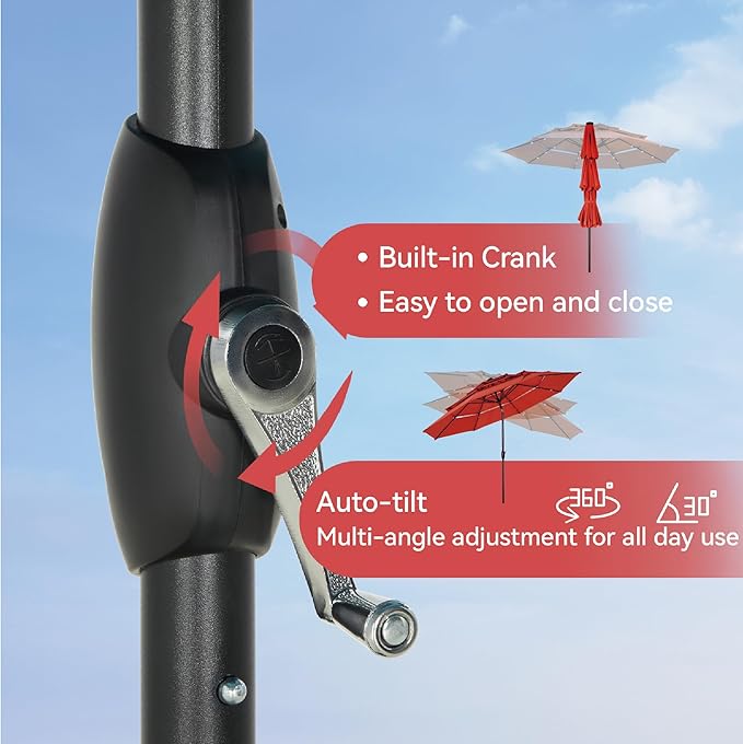 GREEN PARTY 10ft Outdoor Patio Umbrella, Auto-Tilt Market Table Umbrellas with Crank, 8 Sturdy Ribs & 1.5" Pole UV Protection for Garden Deck Backyard Pool