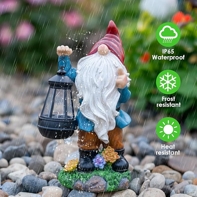 Solar Garden Statue Lights Gnome Figurine with Solar Lantern, Outdoor Garden Succulent Ornaments Waterproof Christmas Decoration for Outside Patio Yard Lawn Decor