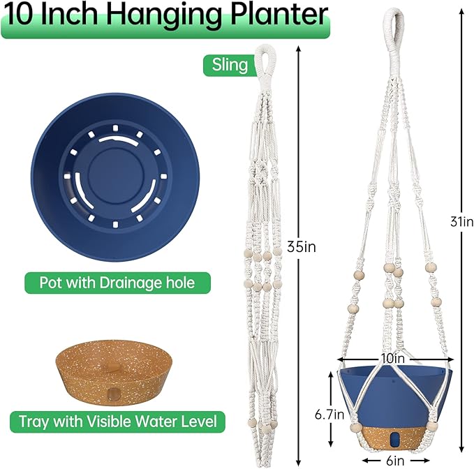 ZMTECH 2 Pack 10 Inch Blue Hanging Planters with Macrame Plant Hanger for Indoor and Outdoor Plants, Self Watering, Drainage Hole, Visible Level Tray