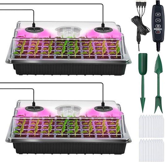 YAUNGEL Seed Starter Tray with Grow Light, Seed Starter Kit with Timing Controller Adjustable Brightness, 80 Cells Seed Trays for Indoor Planting with Humidity Domes Heightened Lids 2 Pack, Black