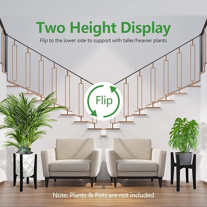 OERGKE 2 Pack Plant Stand Indoor, Adjustable Bamboo Mid Century Modern Plants Stands, Corner Flower Holder for Living Room, Fits 8 to 12 Inches Pots, (Pot & Plant Not Included)(Black)