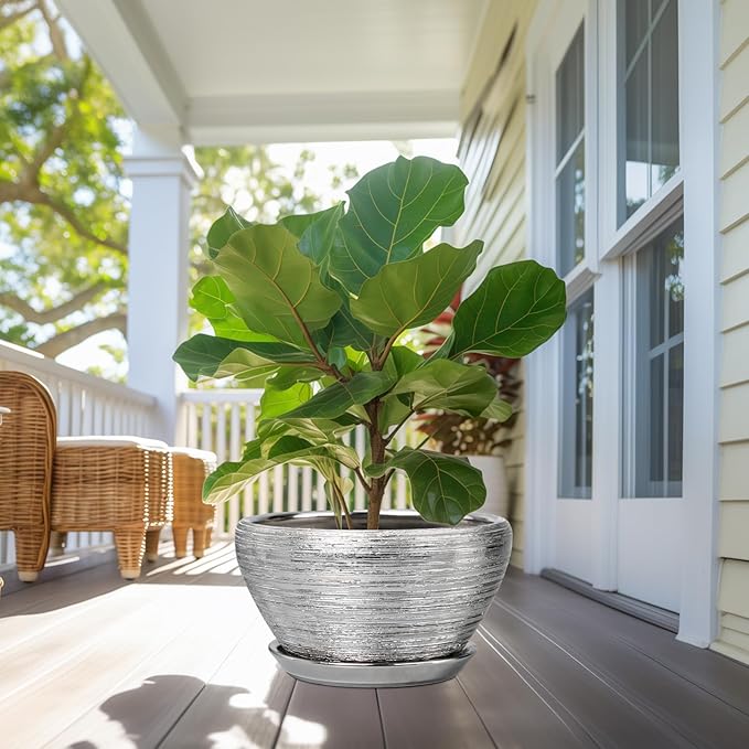 Flower Pot for Indoor Plants - Ceramic Planter 13 Inch Plant Pot with Drainage Hole and Saucer Large Decorative Planter Outdoor Mid-Century Planter for House Decor Silver
