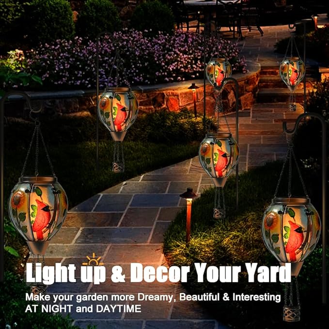 Hot Air Balloon Solar Lantern - Cardinal Bird Glass Lantern with Simulated Flickering Flame, Outdoor Hanging Yard Light Waterproof IP65 & Weather Resistant for Garden Patio Lawn Porch Decor Gfit