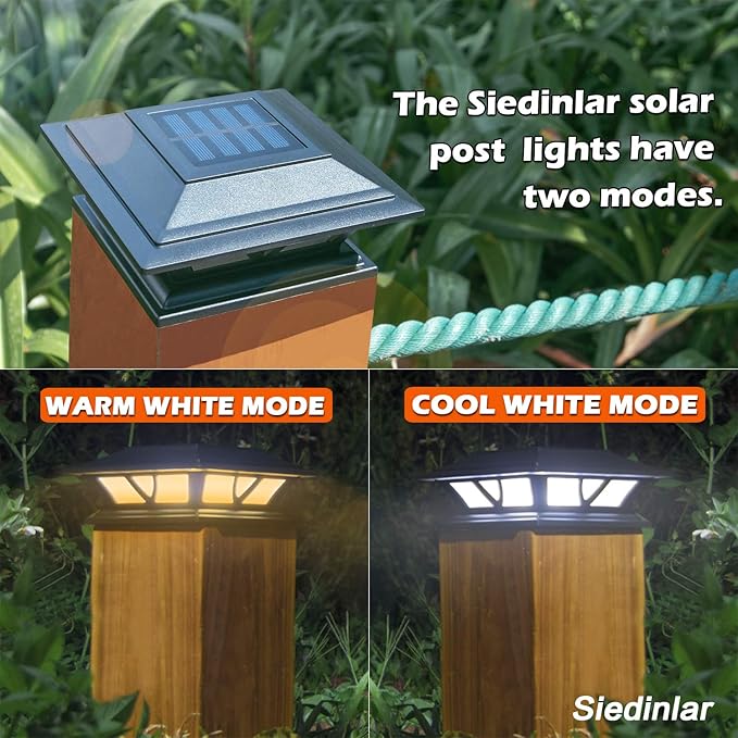SIEDiNLAR Solar Post Lights Outdoor 2 Modes LED Deck Fence Cap Light for 4x4 5x5 6x6 Posts Patio Garden Decoration Warm White/Cool White Lighting Black (8 Pack)
