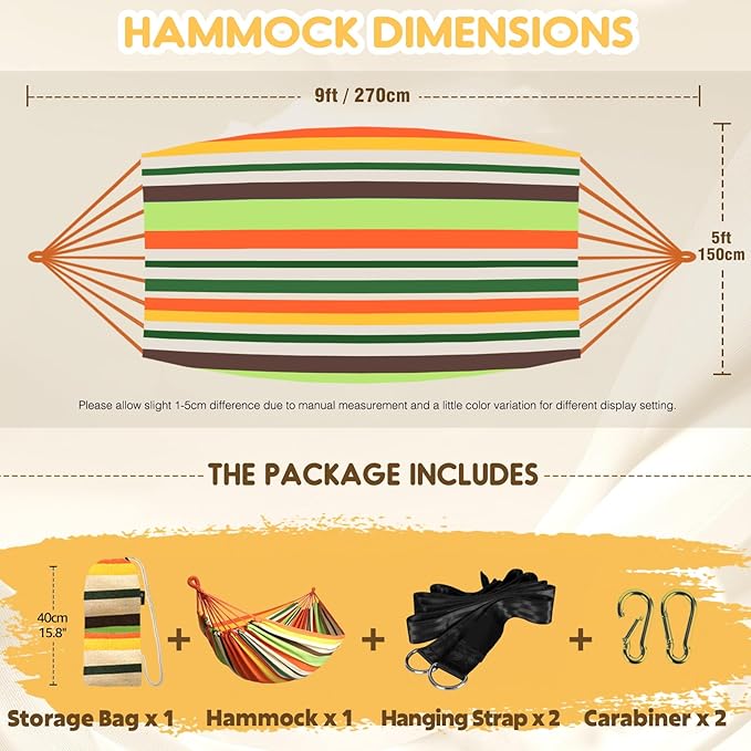 ANYOO Cotton Hammock Portable Camping Hammocks for Hanging Sturdy Garden Comfortable Fabric Hammock with Tree Straps Up to 660lbs with Travel Bag for Camping Outdoor/Indoor Patio Backyard
