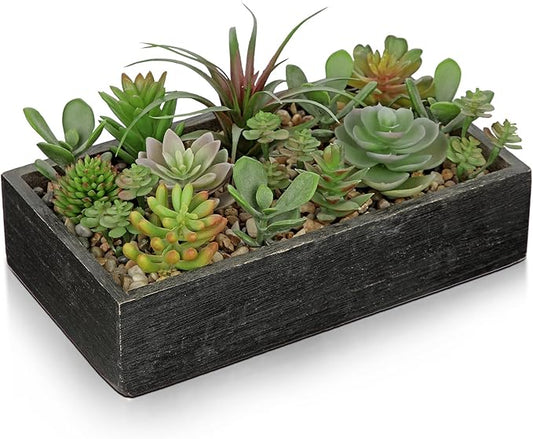 Artificial Succulent Plants in Pot 10 Inch Fake Succulent Arrangement Potted Succulents Plants Centerpiece in Rectangular Wooden Planter for Home Office Desk Shelf Living Room Bedroom Farmhouse Decor