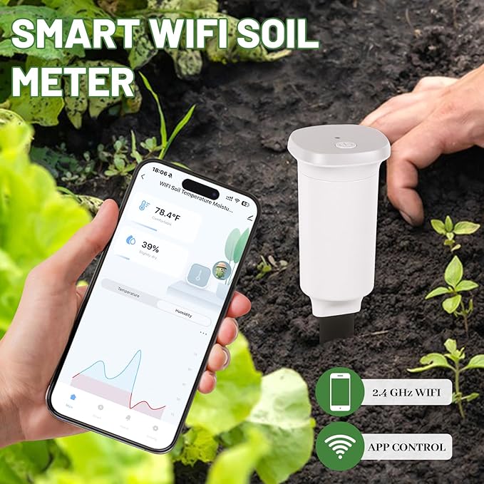 Digital Soil Moisture Meter WiFi for Plants 2-in 1 Soil Moisture/Temperature Meter with App Remote Monitor for Outdoor/Indoor Plants Wireless Smart Soil Moisture Sensor Plant Water Meter Accessories