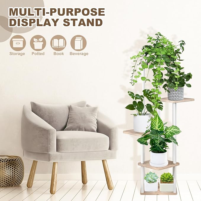 5 Tier Wood Tall Plant Stand Metal Rack Indoor, Multiple Flower Pot Holder Shelves Corner Rack, Planter Shelf Display Rack Storage Organizer for Patio Living Room Balcony Garden(White Oak)