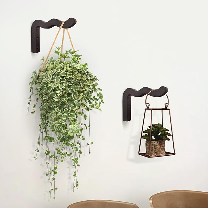 FGSAEOR Wavy Plant Hanger Hooks for Indoor/Outdoor Hanging Plants, 2 Pack Rustic Farmhouse Wall Mount Wooden Hanging Basket, Lanterns, Bird Feeders - Decorative Bracket for Patio, Balcony,Walnut Color