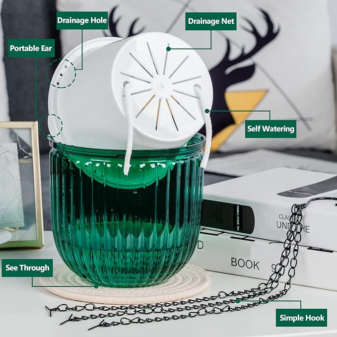 6.5 Inch 2 Pcs Self Watering Hanging Planter Indoor Plant Pots Drainage Holes, Outdoor Hanging Planters Flower Pot Basket, Visible Water Level, Plant Hanger Home Decor, Gardening
