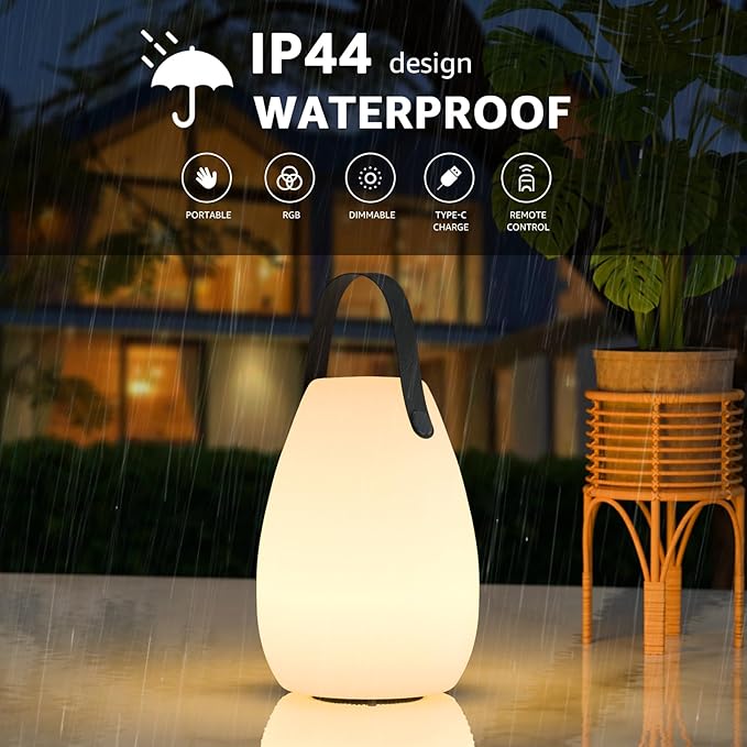 uuffoo Portable Outdoor Table Lamp, Dimmable Cordless Lamp with Remote and 7 RGB Colors IP44 Waterproof Hanging Lamp Indoor/Outdoor Night Lamp Lantern for Bedroom Garden Dining Camping