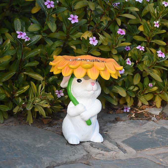 Solar Garden Decor Bunny Garden Statue Easter Decorations Outdoor Resin Sunflower Rabbit Statue with Bird Feeder Patio Decor Bunny Figurines with Lights Yard Decorations Easter Gifts for Women