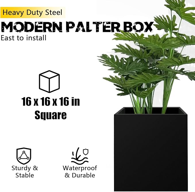 Heavy Duty Steel Planter Box (16"x16"x16"),Square Tall Planter Modern Detached for Indoor & Outdoor Planters Cube,Black Flower Plant Pot for Commercial Residential for Patio Deck & Backyard