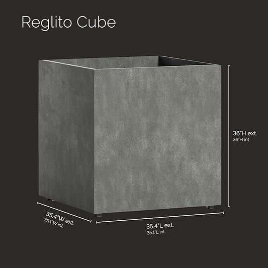 Reglito Cube Planter – Fiberglass Indoor/Outdoor and Weather-Resistant Large Planter (Grey Stone, 35.4" L x 35.4" W x 36" H)