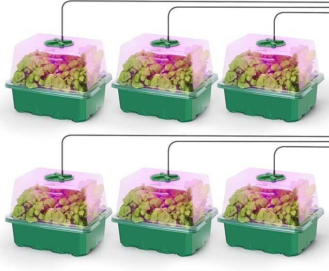 MIXC 6-Pack Seed Starter Tray Kit with Plant Light Seedling Trays with Adjustable Humidity Domes & Clear Cell Trays 12 Full Spectrum LED Beads for Indoor Plant Growth (Green)