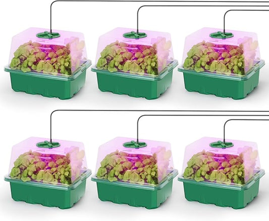 MIXC 6-Pack Seed Starter Tray Kit with Plant Light Seedling Trays with Adjustable Humidity Domes & Clear Cell Trays 12 Full Spectrum LED Beads for Indoor Plant Growth (Green)