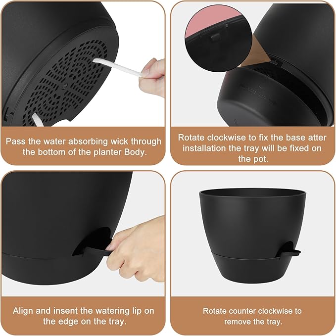 Plant Pots 10/9/8/7.5/7 Inch Self Watering Pots, Set of 5 Plastic Planters with Drainage Holes and Saucers,Plastic Flower Pots,Nursery Planting Pot for Indoor Out Door Plants(All Black)