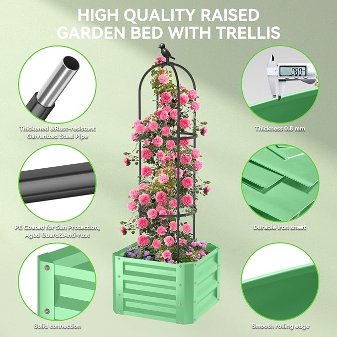 1Pack Raised Garden Beds Outdoor, Galvanized Metal Raised Garden Bed with Trellis, 16x16x60inch Tomato Cage Planters Box with Trellis for Climbing Plants Vegetable Vine Flowers